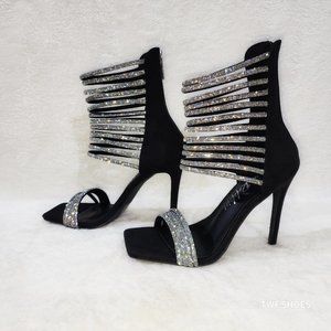 Sparked Closed Back Rhinestone Rope Strap Open Square Toe Evening Heels Shoes